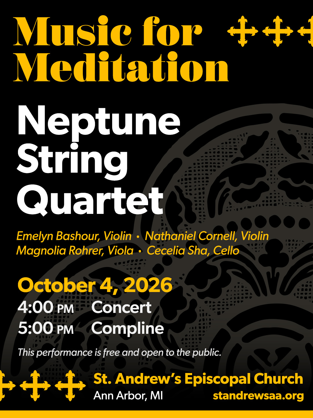 Poster for 'Music for Meditation' concert by the Neptune String Quartet, October 4, 2026, 4pm at St. Andrew's Episcopal Church, Ann Arbor, MI, free and open to the public