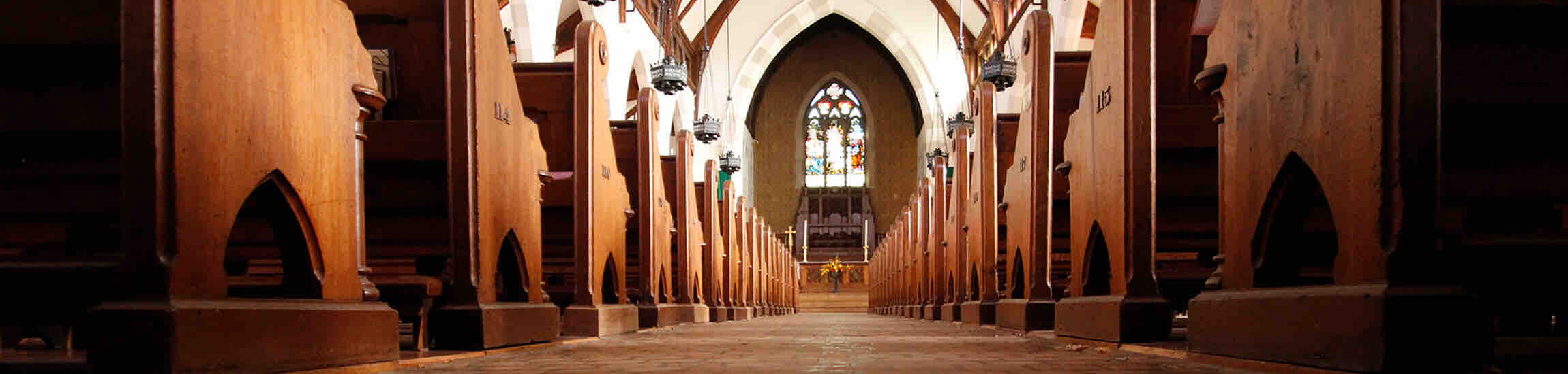 Rows of wooden pews