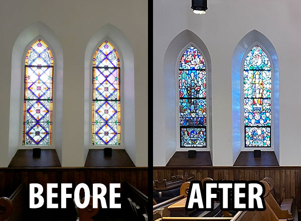 Before and after of stained glass windows