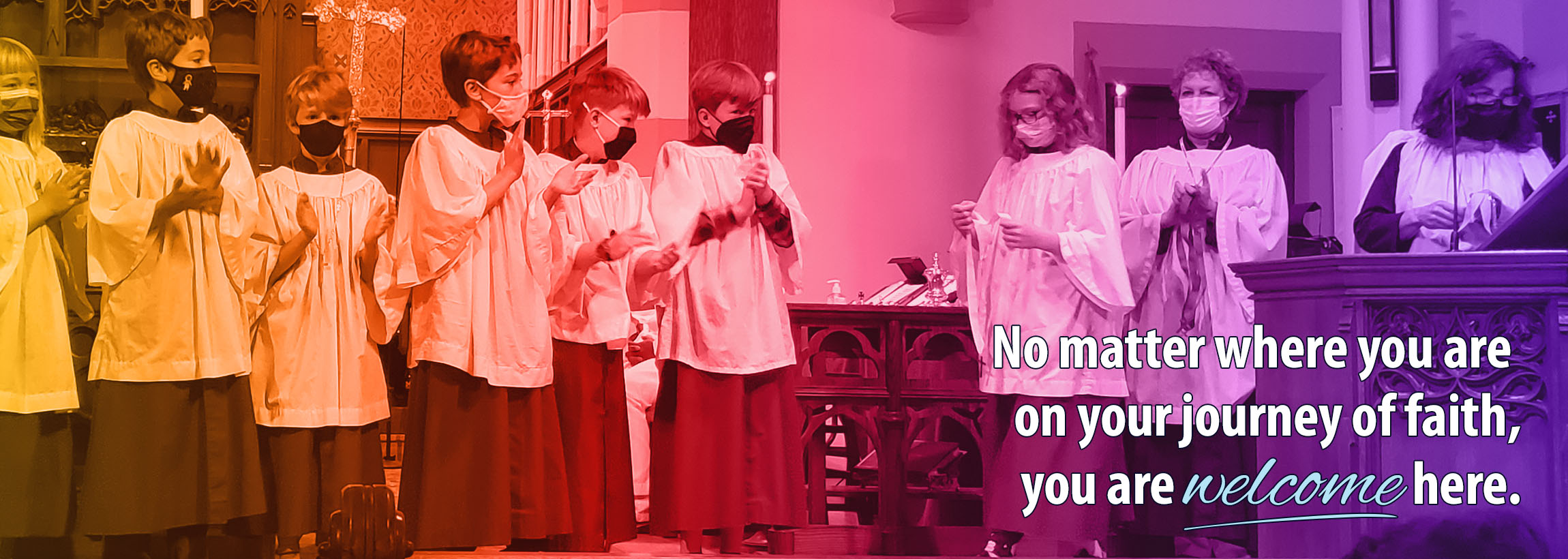 Acolytes with Candles at Easter with 'You are welcome here' text overlay